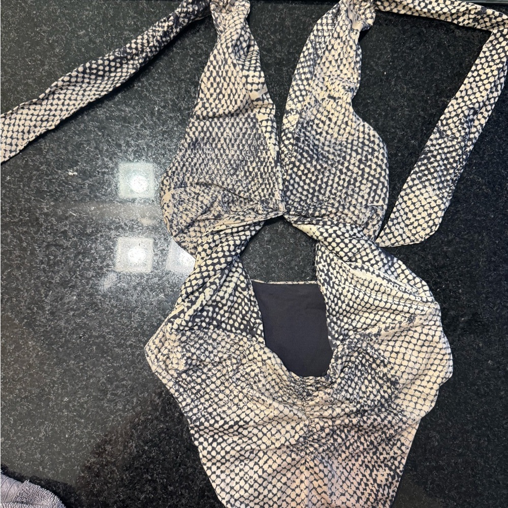 Blue Life Black and Cream Snake-Print Halter One-Piece